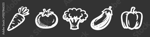 Hand-drawn white chalk sketch of various vegetables including carrot, tomato, broccoli, eggplant, and bell pepper on a dark background.