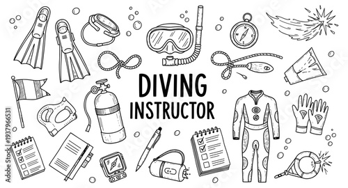 Diving instructor equipment and accessories doodle illustration for education and training