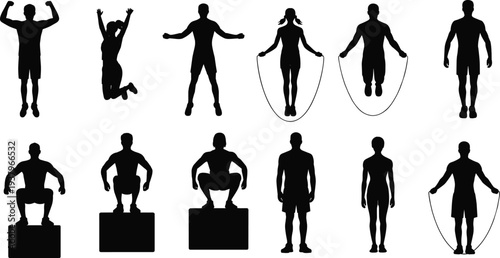 Fitness workout silhouette collection featuring athletes jumping rope squats box jumps and training poses healthy lifestyle exercise sport people black vector set