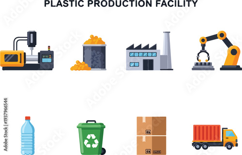 Illustration of a plastic production facility with machines factory recycle bin water bottle boxes and truck