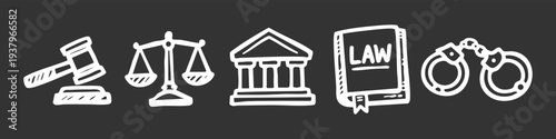 Hand-drawn law and justice icons set including gavel, scales, courthouse, law book, and handcuffs in a white doodle style on a dark background.