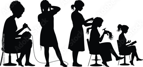 Hairdresser and beauty salon silhouette set with stylist cutting drying and styling hair, professional hairstyling service vector illustration collection