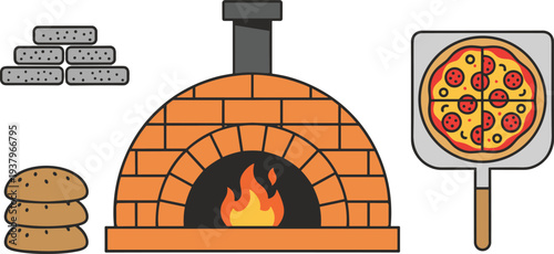 Wood fired brick pizza oven illustration with pizza peel, stacked firewood and bread loaves, flat vector cooking and pizzeria concept
