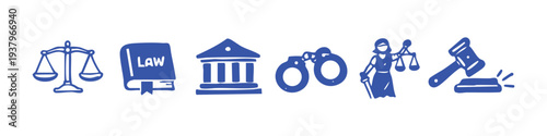 Set of blue hand-drawn law and justice icons including scales, book, courthouse, handcuffs, lady justice, and gavel on white background.
