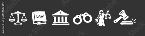 Set of hand-drawn white law and justice icons on a dark background featuring scales, book, courthouse, handcuffs, lady justice, and a gavel.