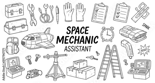 Space mechanic assistant tools and equipment collection, hand-drawn illustration