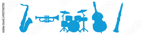 Blue silhouettes of jazz band instruments: saxophone, trumpet, drums, double bass, and clarinet isolated on white background.