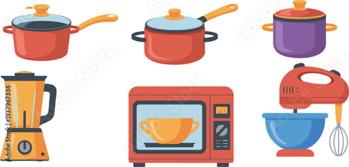 Kitchen appliances and cookware illustration set with pots blender microwave and mixer, home cooking equipment vector collection