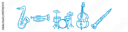 Blue hand-drawn doodle set of jazz musical instruments including saxophone, trumpet, drums, double bass, and clarinet on white background.