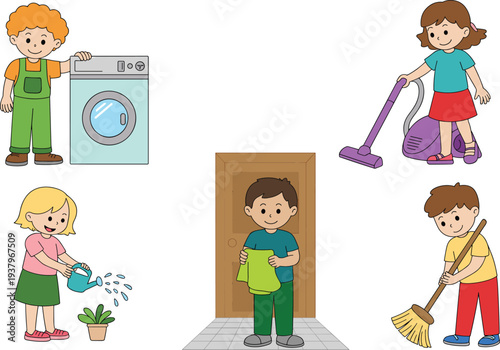 Kids doing household chores illustration set with washing cleaning watering plants and sweeping, children helping at home vector cartoon collection