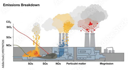 Industrial factory emissions breakdown chart with pollution graph.