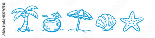 Blue hand-drawn summer beach icons set featuring a palm tree, coconut cocktail, sun umbrella, seashell, and starfish on a white background.