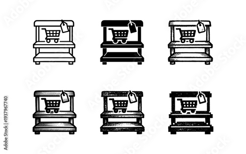 Collection of shopping cart icons on display shelves with price tags, representing retail and commerce