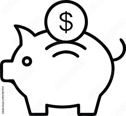 A simple black and white illustration of a piggy bank with a coin on top
