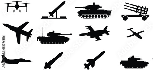Military weapon silhouettes set including tanks fighter jets missiles drone rocket launcher and armored vehicles isolated black vector collection for defense design
