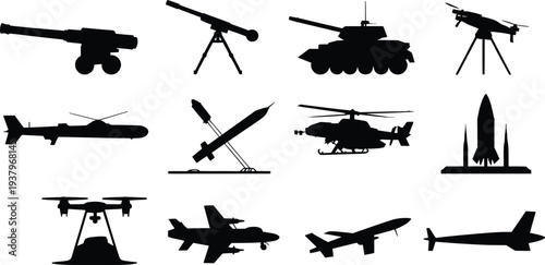 Military weapons and aircraft silhouette set including tank drone missile helicopter fighter jet rocket artillery defense technology vector illustration collection
