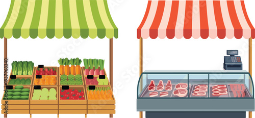 Market stalls with vegetables and butcher meat counter illustration, fresh food vendor shop stands isolated vector collection