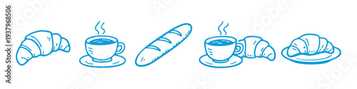 Blue hand-drawn doodles of French breakfast items including croissants, coffee cups, and baguette on white background. Artisan cafe vector icons.