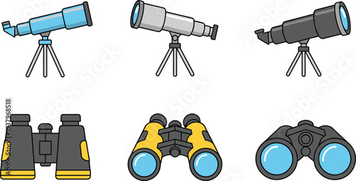 Set of telescopes and binoculars icons for astronomy observation, stargazing equipment collection, optical instruments vector illustration isolated on background