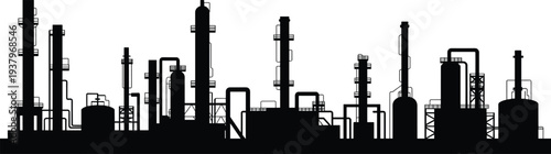 Oil refinery industrial plant silhouette with storage tanks pipelines and towers, petroleum processing factory skyline isolated on white background vector illustration