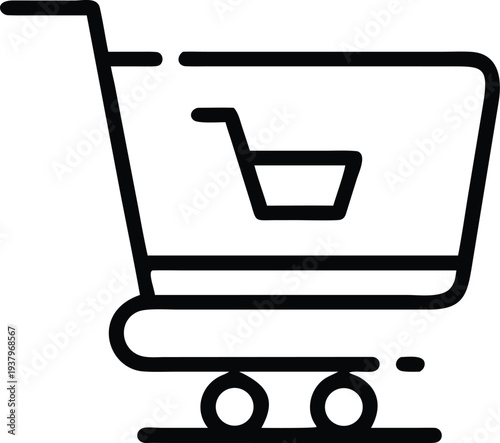 A simple black line drawing of a shopping cart on a white background