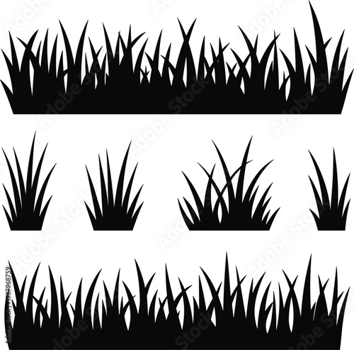 Black grass silhouette set of meadow lawn elements and garden weeds border isolated on white background for landscape design vector nature illustration