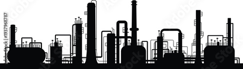 Petroleum refinery plant silhouette with industrial towers pipelines and storage tanks, oil and gas processing factory skyline isolated vector illustration
