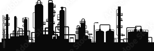 Black silhouette of industrial chemical plant with distillation towers, storage tanks, and piping systems, refinery infrastructure illustration for energy, engineering, and manufacturing themes