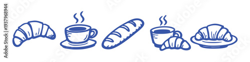 Blue hand-drawn sketch icons of croissant, coffee cup, and bread. French breakfast set isolated on white background. Perfect for cafe menus.