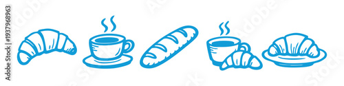 Blue hand-drawn sketches of croissants, coffee cups, and a baguette bread loaf, ideal for bakery or cafe menu design and food branding.