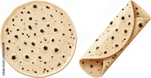 Indian chapati roti flatbread whole and rolled wrap, traditional wheat bread food illustration isolated vector design