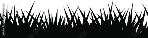 Black silhouette of tall dense grass blades with sharp pointed tips overlapping in abstract natural design, decorative border illustration for ecology, garden, and landscape themes