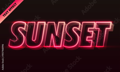 Sunset neon text effect with red orange gradient glow and retro futuristic line art style
