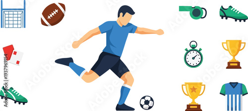 Sports icons and football player illustration