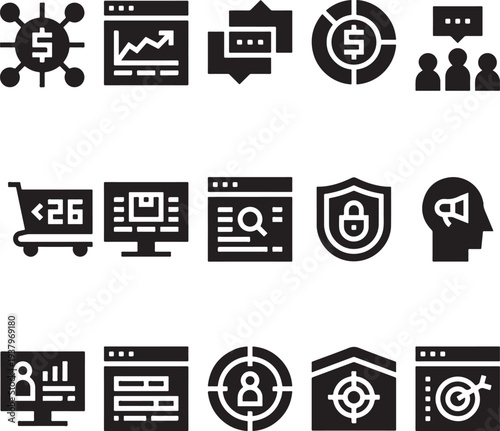 Digital Marketing and SEO Glyph Icon Set, Set of Digital Marketing and SEO Analytics Glyph Icons Vector Illustration