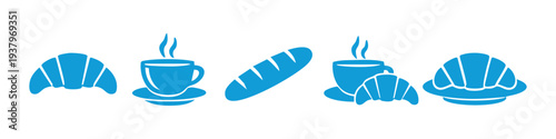 Blue icons of breakfast items including croissants, bread, and coffee cups on a white background. Perfect for bakery or cafe branding.