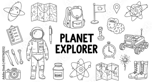Doodle style planet explorer collection with astronaut, rover, maps, and research tools