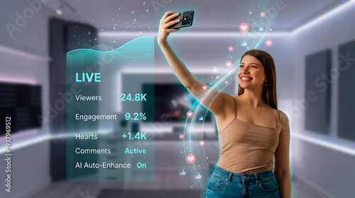 Social media streamer woman broadcasting live from smartphone