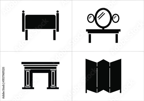 Home furniture set with bed, dressing table, fireplace, and room divider