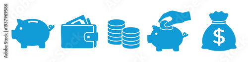 Blue financial icon set with piggy bank, wallet, coins, and money bag. Ideal for banking, savings, and wealth management themes.