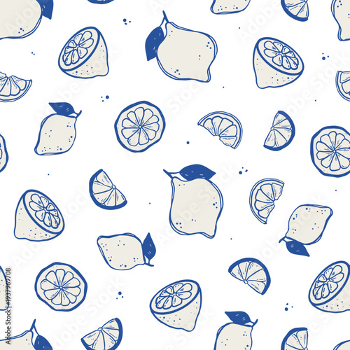 Lemons with leaves seamless pattern on white background for wallpapers, textile prints, packaging, banners, wrapping papers, towels, tote bags, etc. EPS 10