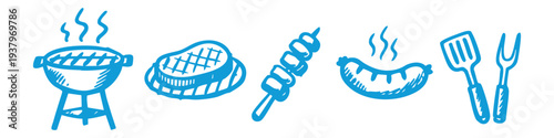 Set of blue hand-drawn BBQ icons featuring a charcoal grill, steak, shish kebab, sausage, and grilling tools on a white background.
