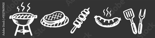 Chalkboard style BBQ doodle set featuring a grill, steak, sausage, kebab, and tools. Hand-drawn white line icons for summer picnic and menu designs.