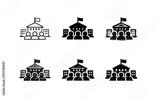Collection of government building icons representing public service and community engagement