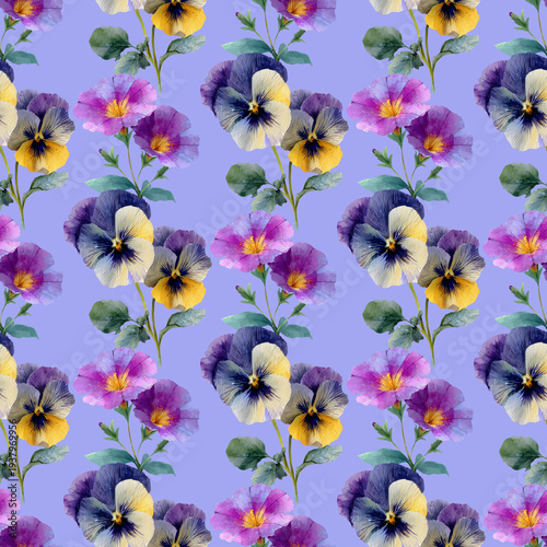 Watercolor Elegant seamless pattern featuring colorful pansy flowers and green leaves on soft purple background, perfect for textiles, wallpaper, and spring floral designs.