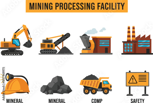 Illustration of a mining processing facility Machines structures minerals and safety symbols are depicted