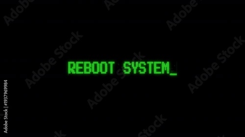 Reboot system text typing computer retro style with rgb split noise effect glitch distortion, flicker background. motion text 4k video with alpha channel
