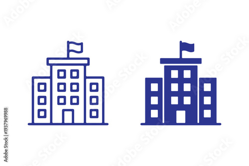 School Building Illustration: A minimalist illustration of a school building, featuring a flag, multiple windows, and a classic architectural design. Demonstrating education and learning environment.