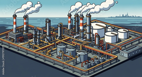 Industrial oil refinery complex with smoking chimneys and storage tanks.