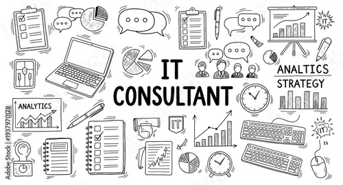 IT Consultant business concept with hand-drawn icons for strategy and analytics